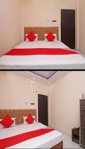 two pictures of a bedroom with two beds with red pillows at Hotel moon place in Lucknow