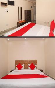 two pictures of a bedroom with a bed with red pillows at Hotel moon place in Lucknow