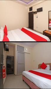 a bedroom with two beds with red and white sheets at Hotel moon place in Lucknow