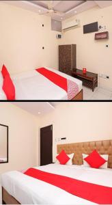 a bedroom with two beds with red and white sheets at Hotel moon place in Lucknow