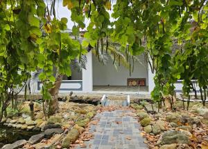 chodnik w ogrodzie z drzewami i skałami w obiekcie PRIVATE LAKE House w mieście Hanoi