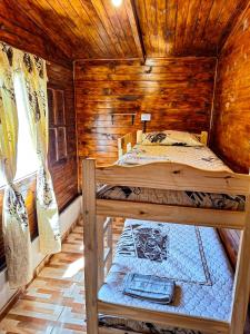 1 dormitorio con litera en una cabaña de madera en Cabaña El Forastero en Coronel Moldes
