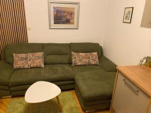 sala de estar con sofá verde y mesa en Villa Volga en Jelsa