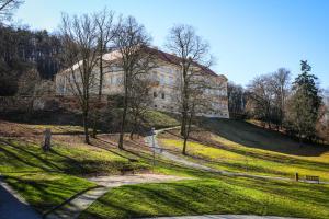 un grand bâtiment au sommet d'une colline herbeuse dans l'établissement Hotel Pod Zámkem, à Boskovice