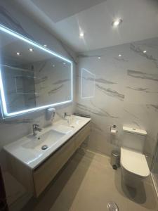 a bathroom with a sink and a toilet and a mirror at GRAN Y MAGNÍFICO APARTAMENTO EN MáLAGA in Málaga