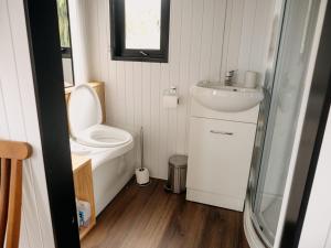 a small bathroom with a toilet and a sink at Bronte Tiny House in Mahana