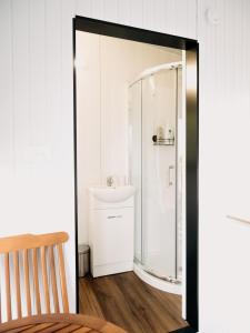 a bathroom with a shower and a sink at Bronte Tiny House in Mahana