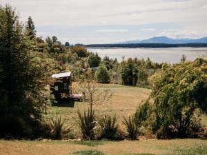 a cabin in a field with a view of a lake at Bronte Tiny House in Mahana
