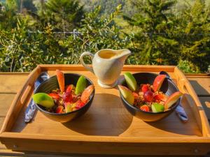 two bowls of fruit and vegetables on a wooden tray at Omghat Glamping - Domo Ganesha in El Peñol