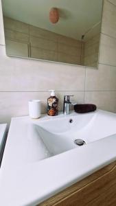 um lavatório branco na casa de banho com um espelho em Le frontalier appart em Saint-Louis