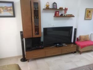 a living room with a flat screen tv on a wooden entertainment center at Yasmina in Ariana