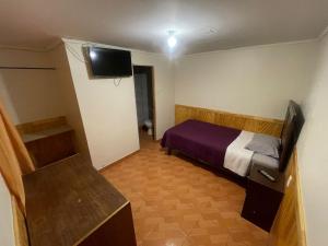Dormitorio pequeño con cama y TV en Hostal Las Ñipas, en Calama