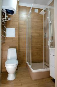La salle de bains est pourvue d'une douche et de toilettes. dans l'établissement Новая 2х комнатная ЛЮКС квартира в центре, à Kökşetaw