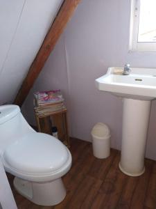 a bathroom with a white toilet and a sink at Cabaña Elu in Llico