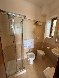 a bathroom with a shower and a toilet and a sink at Villa Matilde Amalfi in Amalfi