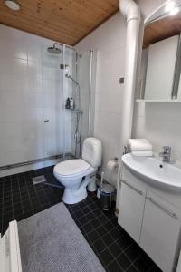 uma casa de banho com um WC, um chuveiro e um lavatório. em Charming wooden house apartment 48 m2 em Turku
