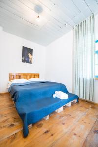 ウシュグリにあるAgra Ushguliのベッドルーム1室(青い毛布付きのベッド1台付)