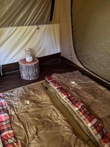 a bed in a tent with a table in it at Nagatoro Camp Village - Vacation STAY 06872v in Minano
