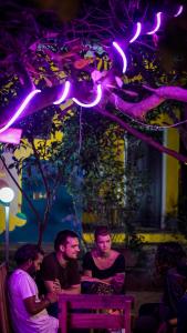 un grupo de personas sentadas bajo un árbol con luces en The Last Stop Backpackers Hostel en Auroville