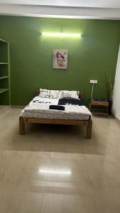 a bed in a room with a green wall at The Last Stop Backpackers Hostel in Auroville