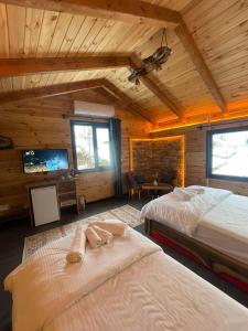 a bedroom with two beds and a flat screen tv at Lotus Çamlıhemşin Suit & Bungalov in Çamlıhemşin +173 photos