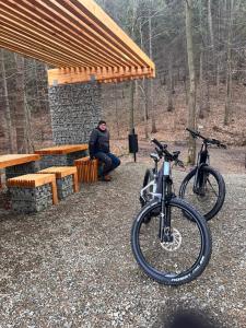 uma bicicleta estacionada ao lado de uma pessoa sentada num banco em Tiny Domek w Dolinie Popradu, Piwniczna-Zdrój em Piwniczna