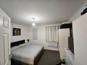 a bedroom with a bed and a television in it at Lovely Fully Furnished One Bed Flat To Let in Enfield Lock