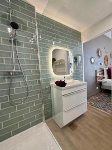 uma casa de banho com um chuveiro, um lavatório e um espelho. em Casa-Belle Chambres d hotes em Sérignan