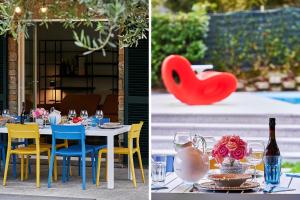 two pictures of a table with chairs and a bottle of wine at Design Villa in Tremezzina Villarnona Lake Como in Mezzegra