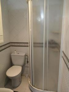 La salle de bains blanche est pourvue d'une douche et de toilettes. dans l'établissement apartamento turístico CUATRO CAMINOS, à San Vicente de Alcántara