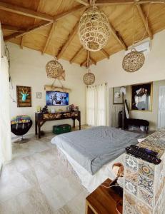 Copala的住宿－Norock club y Playa，一间卧室配有一张大床和一张桌子