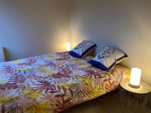 ein Schlafzimmer mit einem Bett mit einer bunten Decke und Kissen in der Unterkunft LE GÎTE DE JEANNOT in La Boisse
