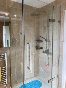 a shower with a glass door in a bathroom at Yellowstone, The Garden Apartment in Radstock