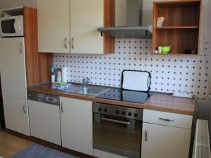 eine Küche mit einer Spüle und einer Arbeitsplatte in der Unterkunft Cosy apartment in Porta Westfalica in Porta Westfalica