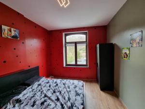 ein Schlafzimmer mit einer roten Wand, einem Bett und einem Fenster in der Unterkunft Bella vista in Durbuy