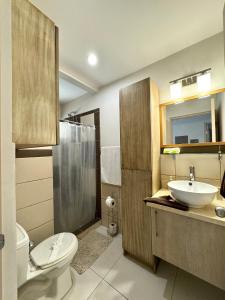 a bathroom with a toilet and a sink and a shower at Parakeet Paradise 2nd Floor Condo With Rooftop in Coco