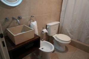 y baño con aseo y lavamanos. en Atardeceres Apartments en Cañuelas