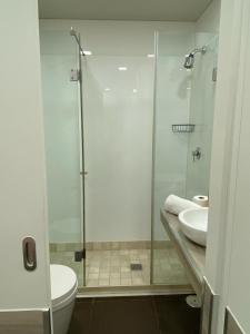 a bathroom with a shower and a toilet and a sink at Saboresgelados Alojamento Local in Braga