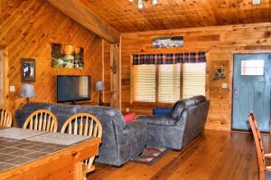 a living room with a couch and a television in a cabin at Eula Mae- Ocoee River Area in Copperhill