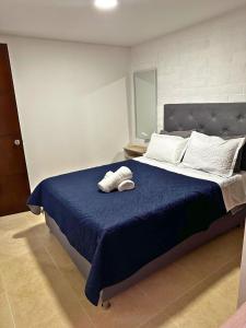 1 dormitorio con 1 cama azul y 2 toallas en Maravilloso alojamiento para tu familia, en Santa Rosa de Cabal