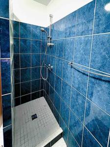 uma casa de banho em azulejos azuis com um chuveiro e um WC. em Family friendly home close to golden circle and to city central! em Reykjavík