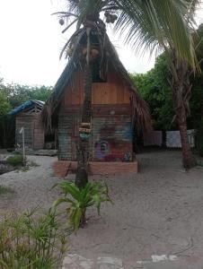 una pequeña cabaña con una palmera delante de ella en cabana sabiá, en Camaçari