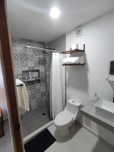 W łazience znajduje się prysznic, toaleta i umywalka. w obiekcie Casa Cuauhtémoc 1 w mieście Puerto Vallarta