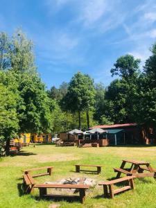 zwei Picknicktische auf einem Feld mit Zelten im Hintergrund in der Unterkunft Stanica Wodna Swoboda in Augustów