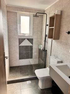 a bathroom with a shower and a toilet and a sink at Callista sea view or garden in Kissamos +57 photos