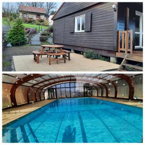 dos fotos de una piscina con mesa de picnic y una casa en Normandie chalet N70 piscine lac golf en Saint-Manvieu-Bocage