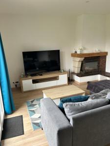 ein Wohnzimmer mit einem TV, einem Sofa und einem Kamin in der Unterkunft Maison au calme avec rivière à côté de CHARTRES 