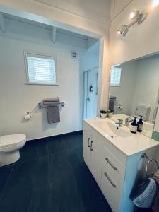 a bathroom with a sink and a toilet and a mirror at Chatsworth Cottage in Upper Hutt