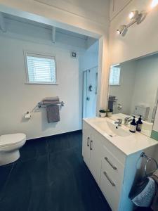 un bagno con lavandino, WC e specchio di Experience Heritage, Live Modern a Upper Hutt