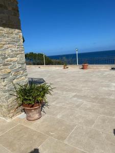 a patio with a stone wall and a potted plant at Suite Panoramic in Porticello
